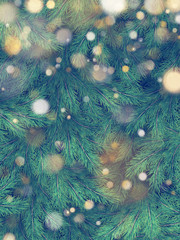 Christmas tree green branches of pine and gold garland lights. EPS 10