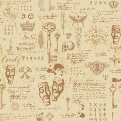 Vector seamless pattern on the theme of theater and drama with drawings of theatrical masks, vintage keys and lettering. Retro wallpaper, wrapping paper or backdrop for textile with sketches and blots