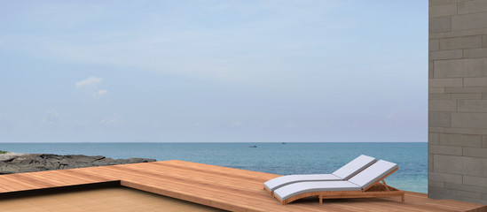 Beach lounges, sea and beautiful skies of summer vacation / sunny Sandy Ocean beach / Beautiful...