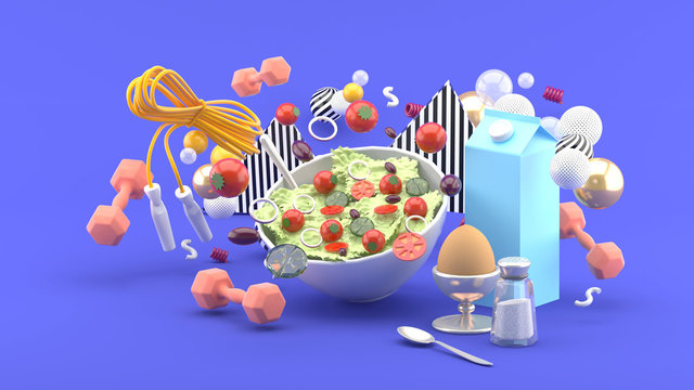 Salads, milk, eggs, dumbbell, exercise ropes amid colorful balls on purple background.-3d rendering.