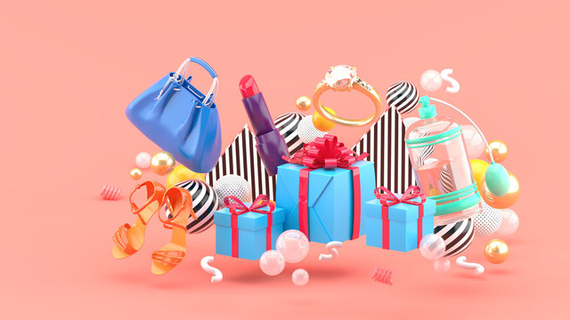Bag, lipstick, high heels, rings, perfume and gift boxes amid colorful balls on a pink background.-3d rendering.