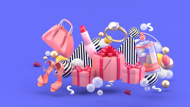 Bag, lipstick, high heels, rings, perfume and gift boxes amid colorful balls on a purple background.-3d rendering.