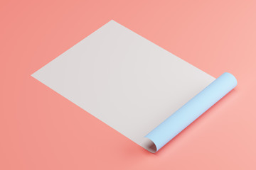 A white sheet of paper with a rolled edge on a coral background. Mock Up. 3d rendering