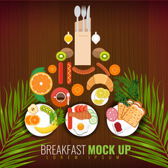 Breakfast of fried eggs, coffee and other meals. Menu cover design with tropical leaf. Vector illustration.