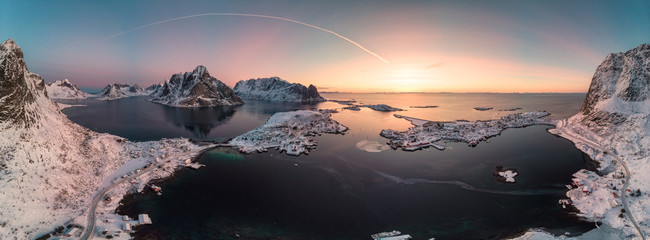 Fototapeta na wymiar Panorama aerial view of scandinavian archipelago with mountain range on arctic ocean
