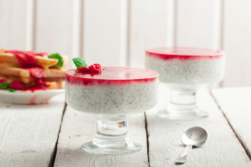 Delicious Italian dessert Panna Cotta with chia seeds and raspberry sauce