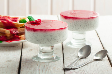 Delicious Italian dessert Panna Cotta with chia seeds and raspberry sauce