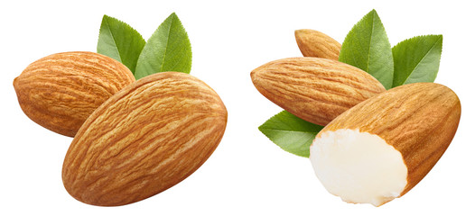 Set of almonds with leaves, isolated on white background