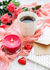 Cupof coffee with chicolate candy