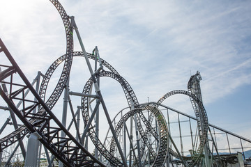 Extreme roller coaster blue sky scary abstract