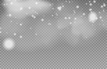 Snow with snowdrifts isolated on transparent background. White cold snow flakes falling.  Vector christmas snowfall, snowflakes flying in winter air. 