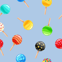 Seamless pattern colored candy lollipop, caramel on stick. Cute ornament for packaging, fabric, background, banner, poster, vector, illustration, isolated, cartoon style