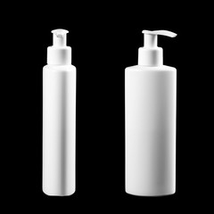 White bottle with liquid soap. Close up. Isolated on black background