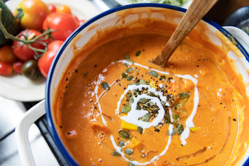 Cooked pumpkin soup in a pot