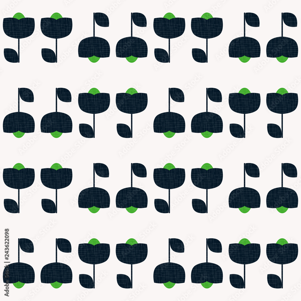 Poster Modern vector abstract seamless geometric pattern with stylized flowers and leaves in retro scandinavian style.