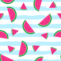 Seamless pattern with watermelons on stripped background. Vector illustration in flat style