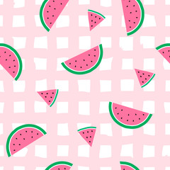 Seamless pattern with watermelons on check background. Vector illustration in flat style