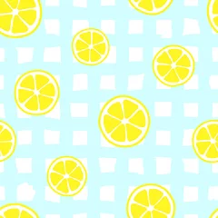 Papier Peint photo Lavable Citrons Modèle sans couture avec des citrons sur fond de chèque. Illustration vectorielle dans un style plat