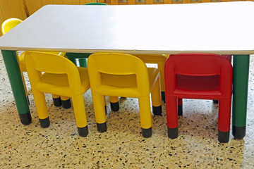 inside a school classroom of a kindergarten with small plastic c