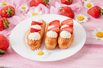 eclairs with strawberries, romantic breakfast, valentine's day
