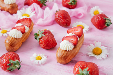 eclairs with strawberries, romantic breakfast, valentine's day