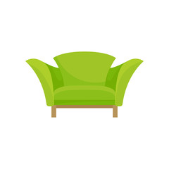 Modern green armchair with wooden legs. Cozy soft chair. Stylish furniture for living room. Flat vector design
