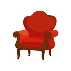 Flat vector of luxury armchair with soft red upholstery. Comfortable wooden chair. Antique furniture for lining room