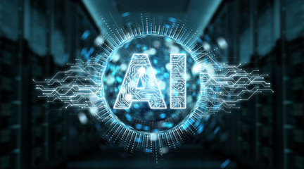 Digital artificial intelligence text hologram 3D rendering