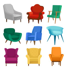 Flat vector set of armchairs. Vintage and modern chairs with soft upholstery. Comfortable furniture for living room