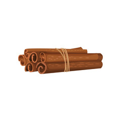 Six cinnamon sticks tied with rope. Aromatic seasoning. Fragrant spice for dishes. Detailed flat vector icon
