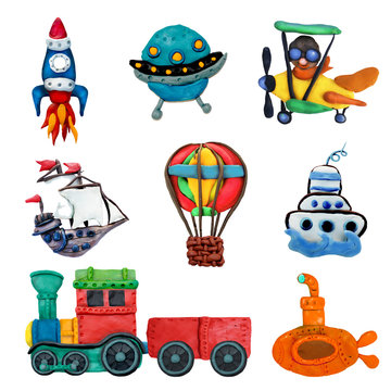 Colorful plasticine 3D transport game   icons set isolated on white background