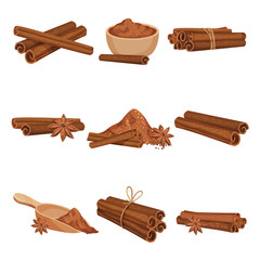 Flat vector set of rolled cinnamon sticks and powder. Aromatic condiment for food and drinks. Fragrant spice