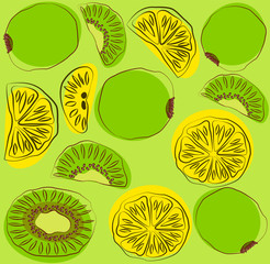 Yellow lemons and kiwi on a light green background. Vector pattern