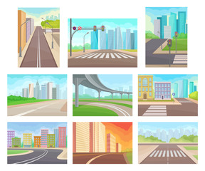 Flat vector set of urban landscapes with roads and high-rise buildings. Empty city streets. Modern cityscapes