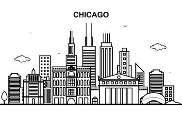 Chicago City Tour Cityscape Skyline Line Outline Illustration