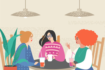 Vector illustration with three cute girls siting in a cafe