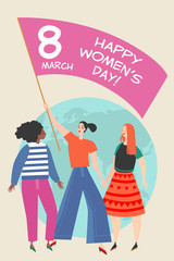 Vector illustration with a group of young women differtnt nationalities holding flag with congratulations to the International Women's Day