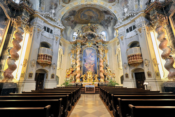 Innenansicht Ursulinenkirche, erbaut 1741, letztes gemeinsames Werk der Brüder Asam, Straubing, Bayern, Deutschland, Europa - obrazy, fototapety, plakaty