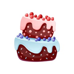 Cute cartoon festive cake. Chocolate biscuit with cherries and blueberries. for parties, birthdays. Isolated element