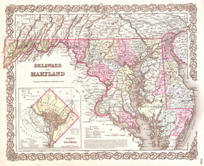 Fototapeta na wymiar 1855, Colton Map of Delaware, Maryland, and Washington D.C.