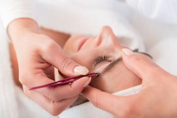 Obraz na płótnie Canvas Beautician plucking eyebrows with tweezers of a woman in beauty salon
