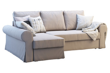 Fototapeta na wymiar Modern beige fabric sofa with colored pillows. 3d render