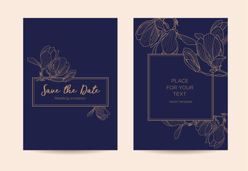 Elegant wedding invitation  with magnolia flowers. Golden graphic flowers on a dark blue background. Vector template for design of invitations, restaurant menu or spa. - obrazy, fototapety, plakaty