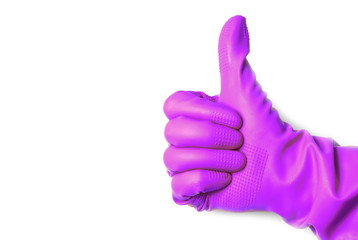 Female hand in rubber gloves with his thumb up, isolated on a white background