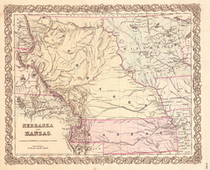 Fototapeta na wymiar 1855, Colton Map of Kansas and Nebraska, first edition