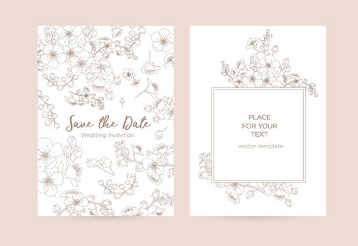 Elegant wedding invitation with blooming cherry branches. Golden graphic flowers on a white background. Vector template for design of invitations, restaurant menu or spa.