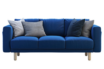 Modern dark blue fabric sofa with colored pillows. 3d render