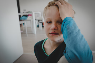 sad stressed little boy with injured face, bullying and violence