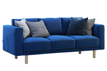 Modern dark blue fabric sofa with colored pillows. 3d render