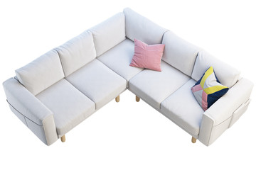 Modern white fabric sofa with colored pillows. 3d render